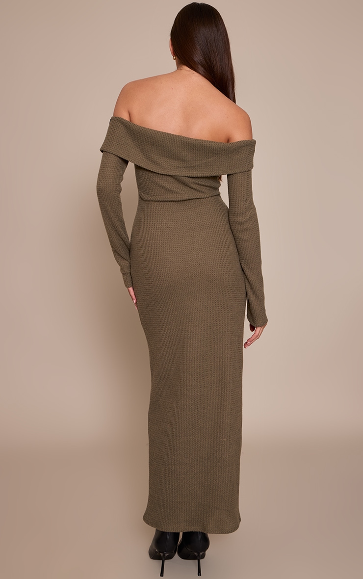 Khaki Textured Bardot Belt Detail Maxi Dress image 2