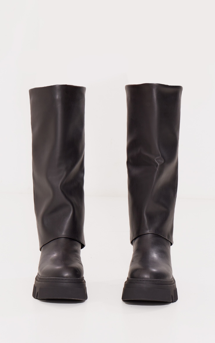 Black Pu Round Toe Fold Over Chucky Platform Knee High Boots image 4