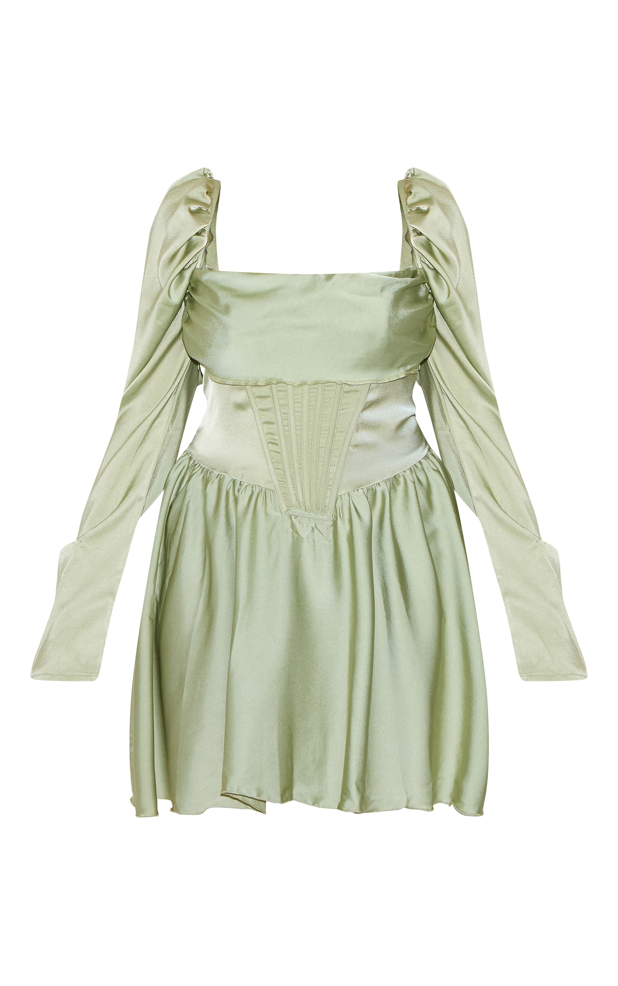 Plus Sage Green Satin Corset Detail Puffball Shift Dress image 5
