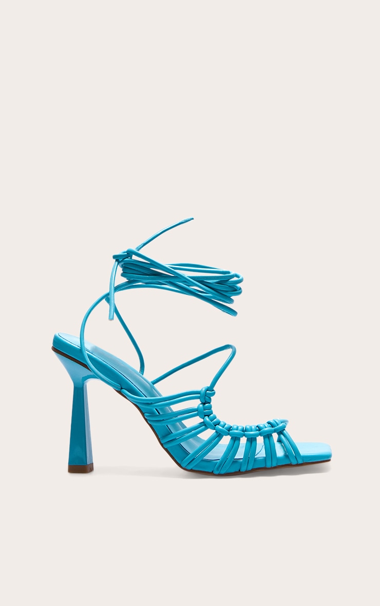 Blue Wide Fit PU Square Toe Knot Lace Up Side Detail High Heeled Sandals image 1