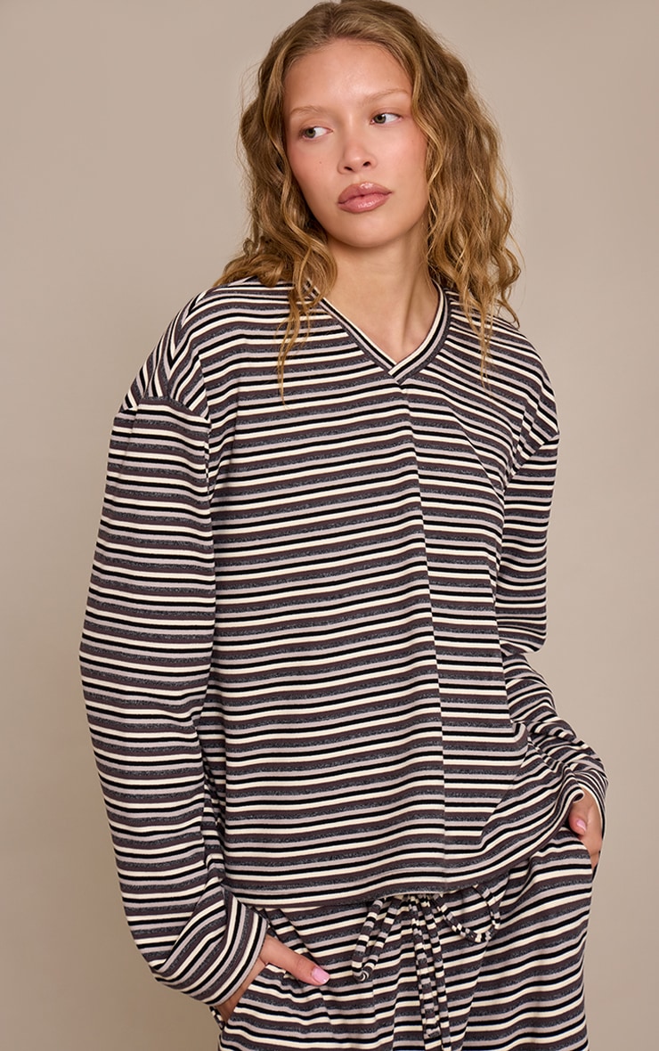 Grey Striped Soft Fleece V Neck Sweatshirt
