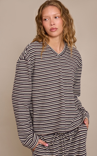 Grey Striped Soft Fleece V Neck Sweatshirt