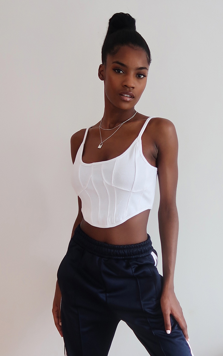 White Rib Curve Hem Strappy Crop Top