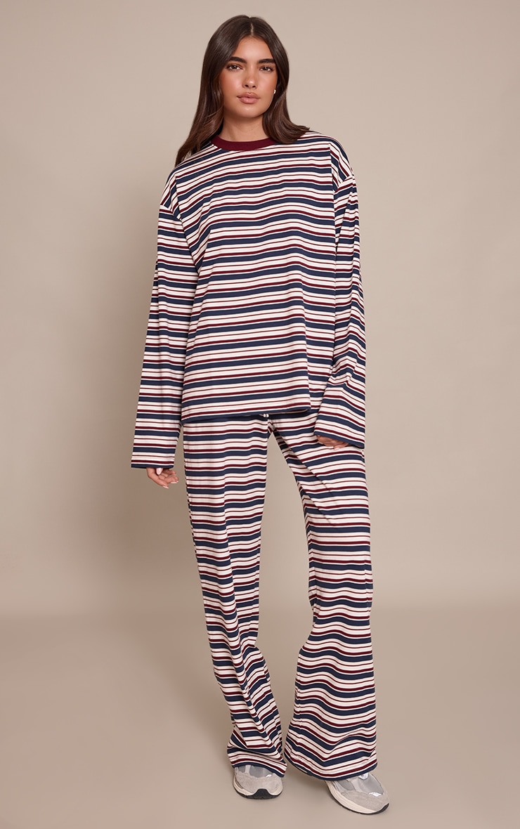 Burgundy Striped Wide Leg Drawstring Trousers