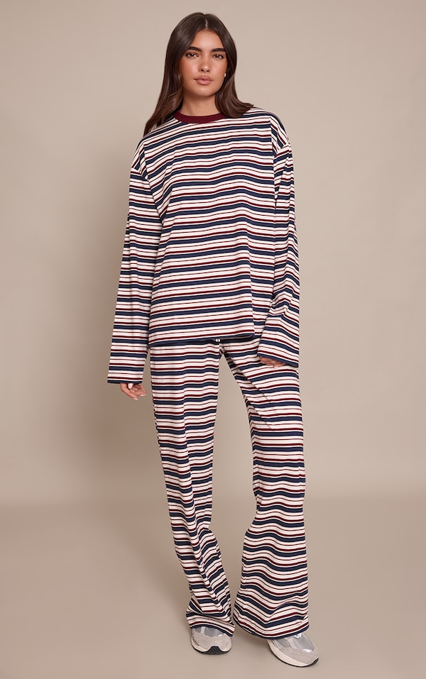 Pantalon large bordeaux à rayures et cordons ajustables