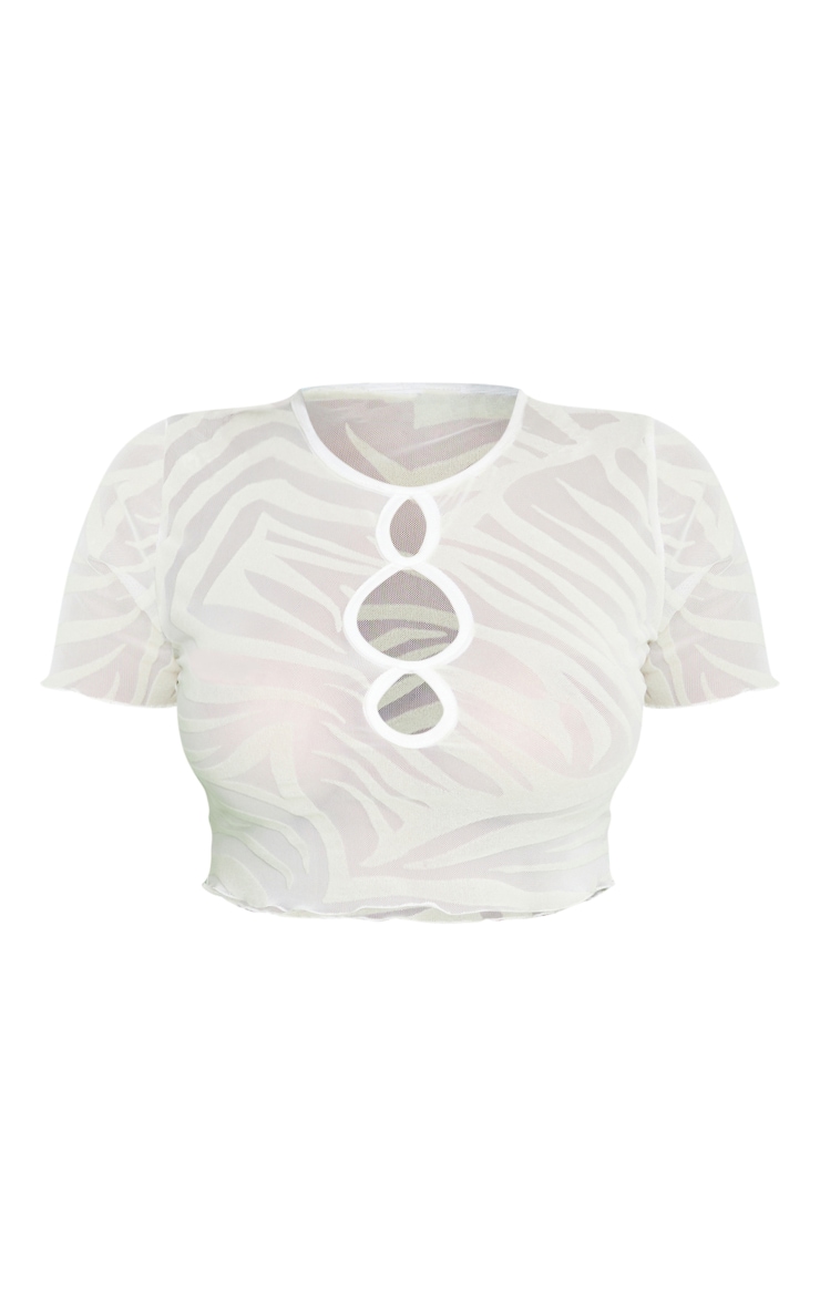 White Zebra Devore Cut Out Front Short Sleeve Crop Top image 5