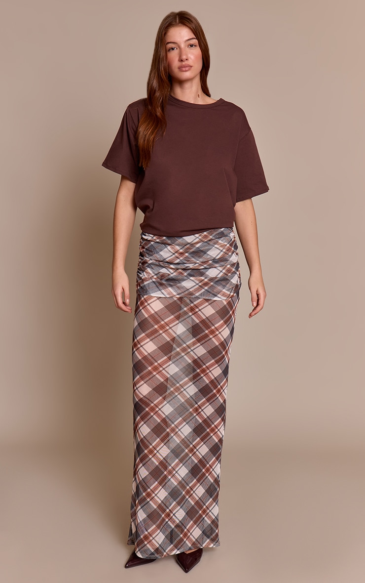 Brown Check Print Mesh Overlay Maxi Skirt image 2