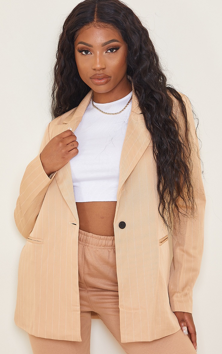 Camel Woven Pinstripe Oversized Blazer