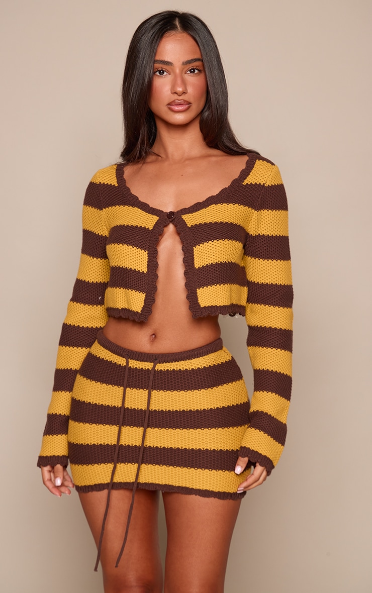 Petite Khaki Stripe Scalloped Button Up Long Sleeve Cardigan