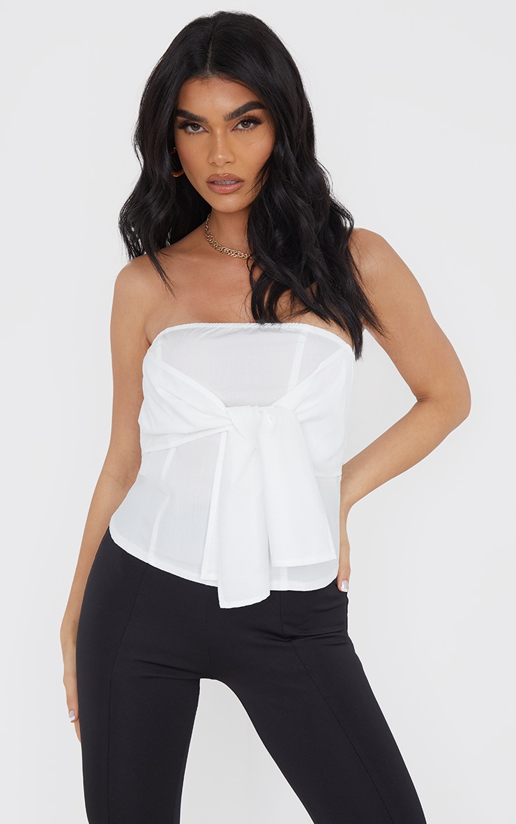 Bandeau en maille tissée blanc à détail noué et froncé devant
