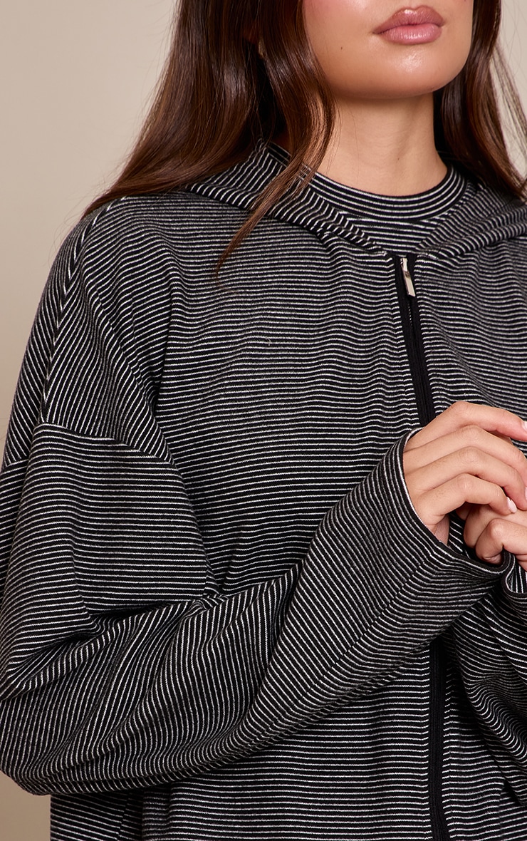 Black Striped Soft Fleece Zip Up Jacket image 4