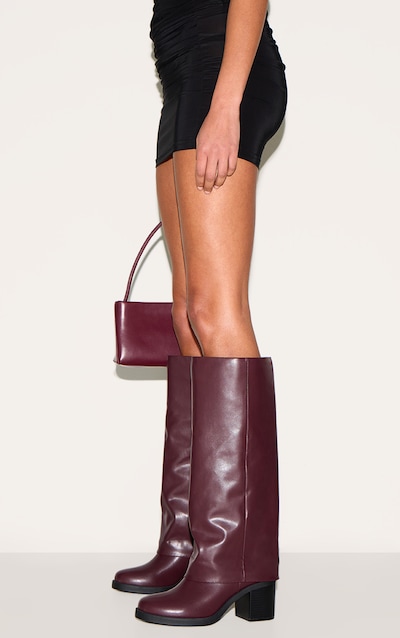 Bottes rondes en PU bordeaux repliées à petit talon carré