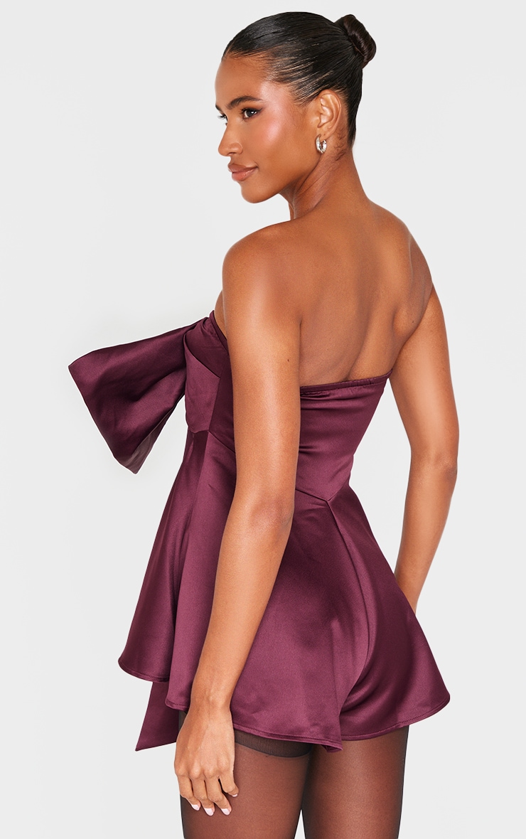 Burgundy Satin Oversized Bow Bandeau Playsuit image 2