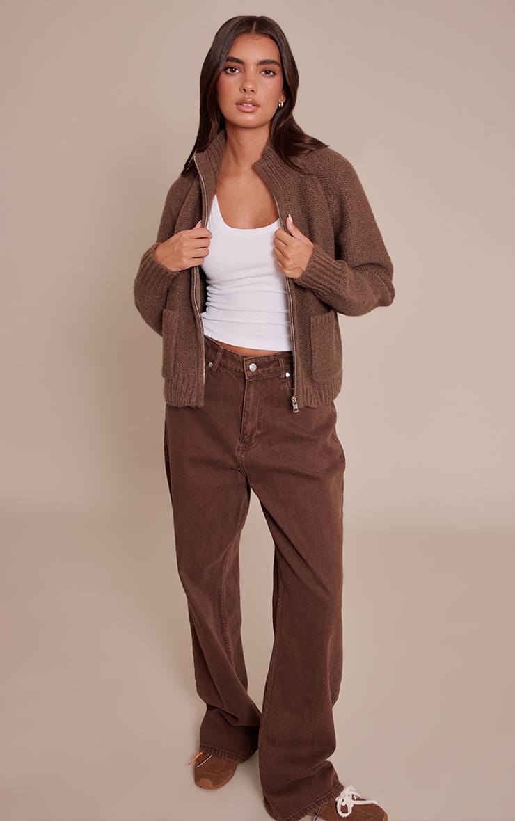 Chocolate Zip Up Pocket Detail Knitted Cardigan image 3