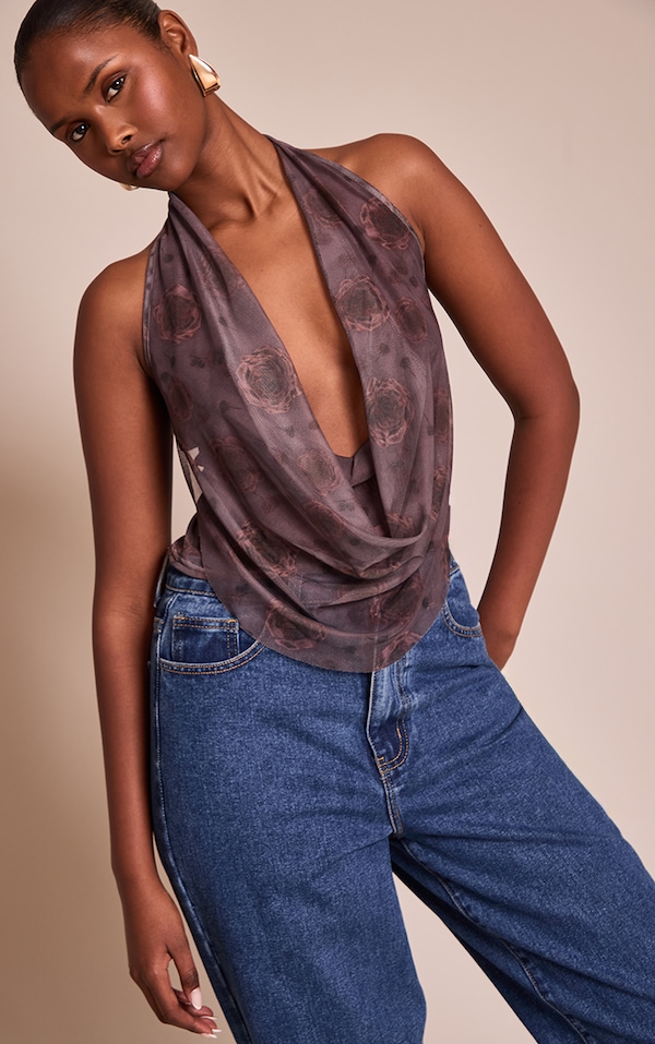 Dark Mauve Rose Print Mesh Halter Neck Top