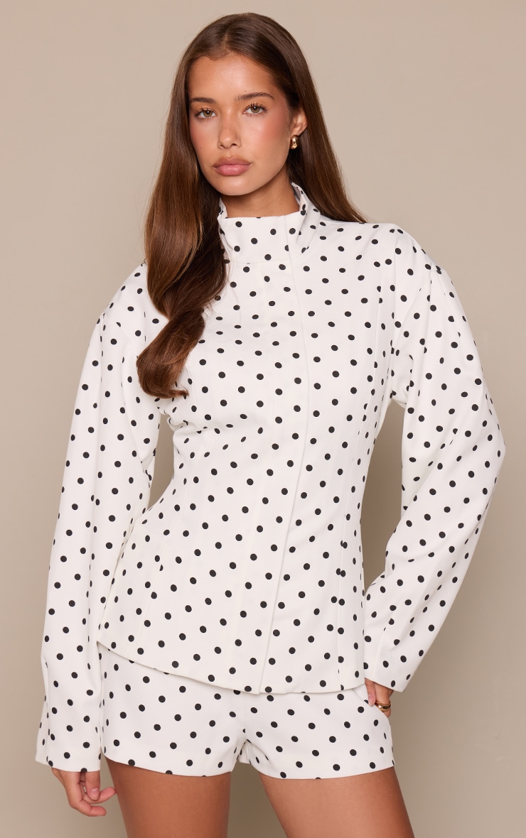 White Polka Dot Tailored Cocoon Sleeve Jacket