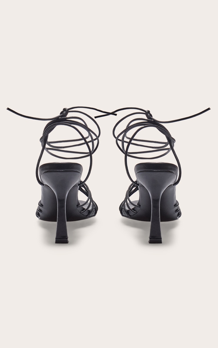 Black Pu Silver Buckle Round Toe Lace Up Heeled Sandals image 3