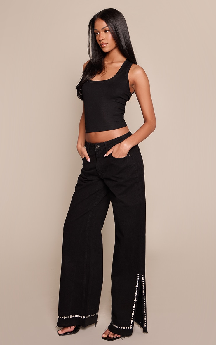 Tall Black Studded Split Hem Jeans image 2