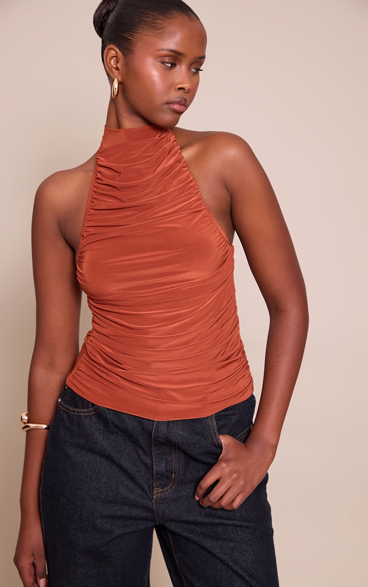 Burnt Orange Double Layer Slinky Highneck Drapey Long Top  image 1