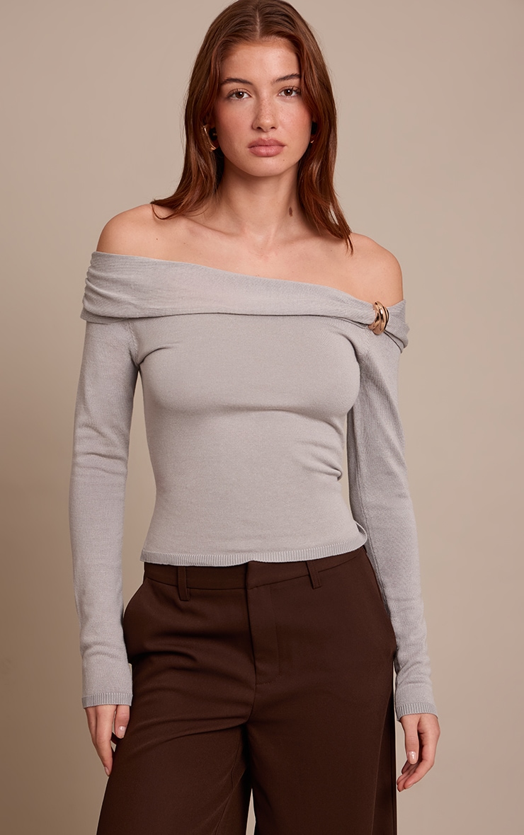 Grey Long Sleeve Twist Shoulder Detail Knitted Top