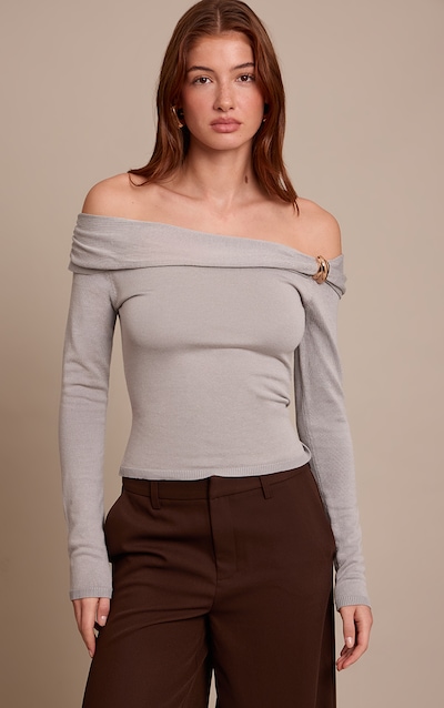 Grey Long Sleeve Twist Shoulder Detail Knitted Top