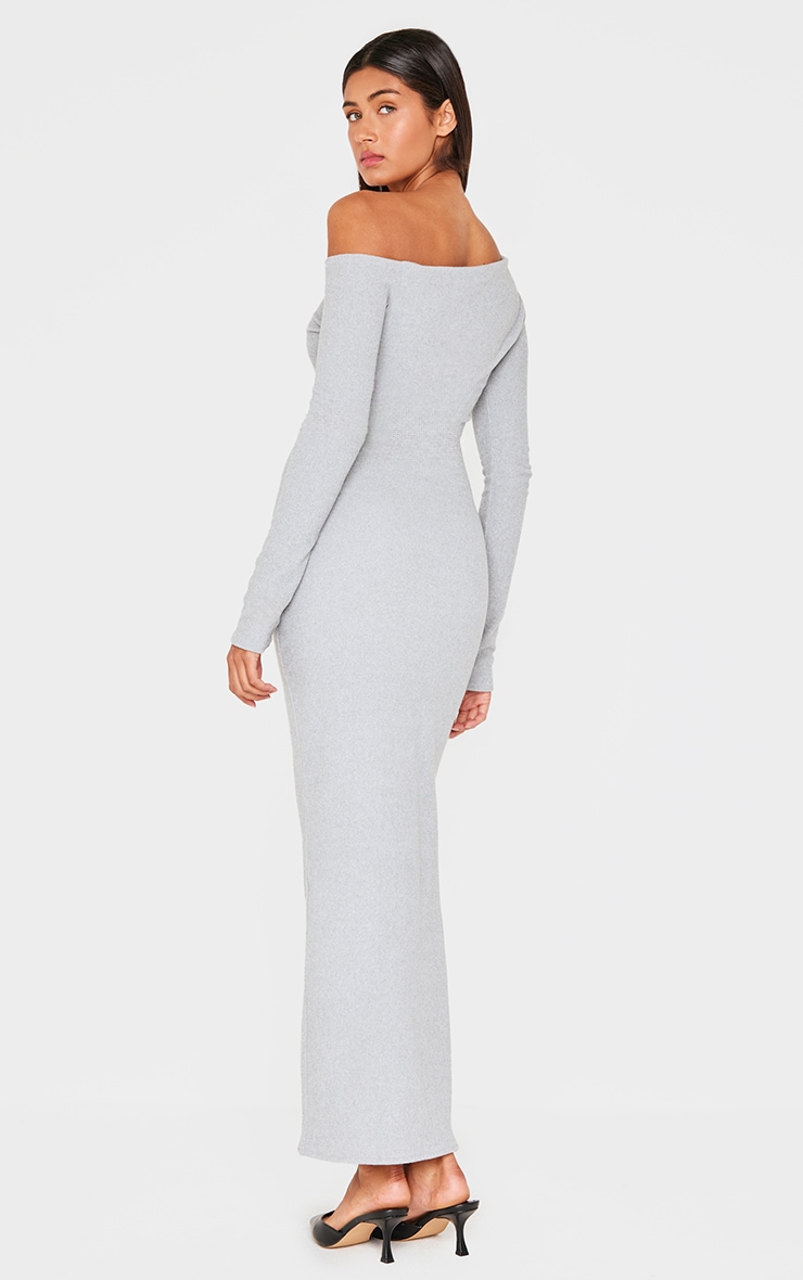 Grey Ribbed Bardot Long Sleeve Maxi Dress image 2