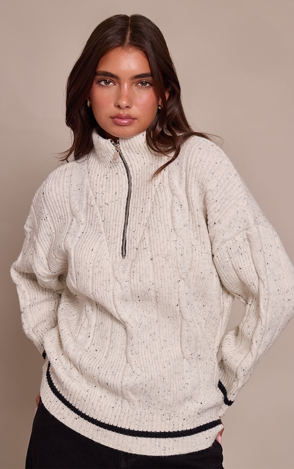 Pull oversize en maille tricot torsadée gris clair à zip