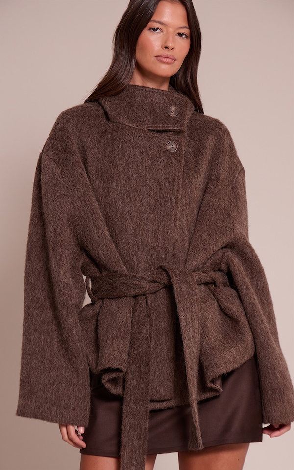 Chocolate Faux Brushed Wool Tie Waist Coat