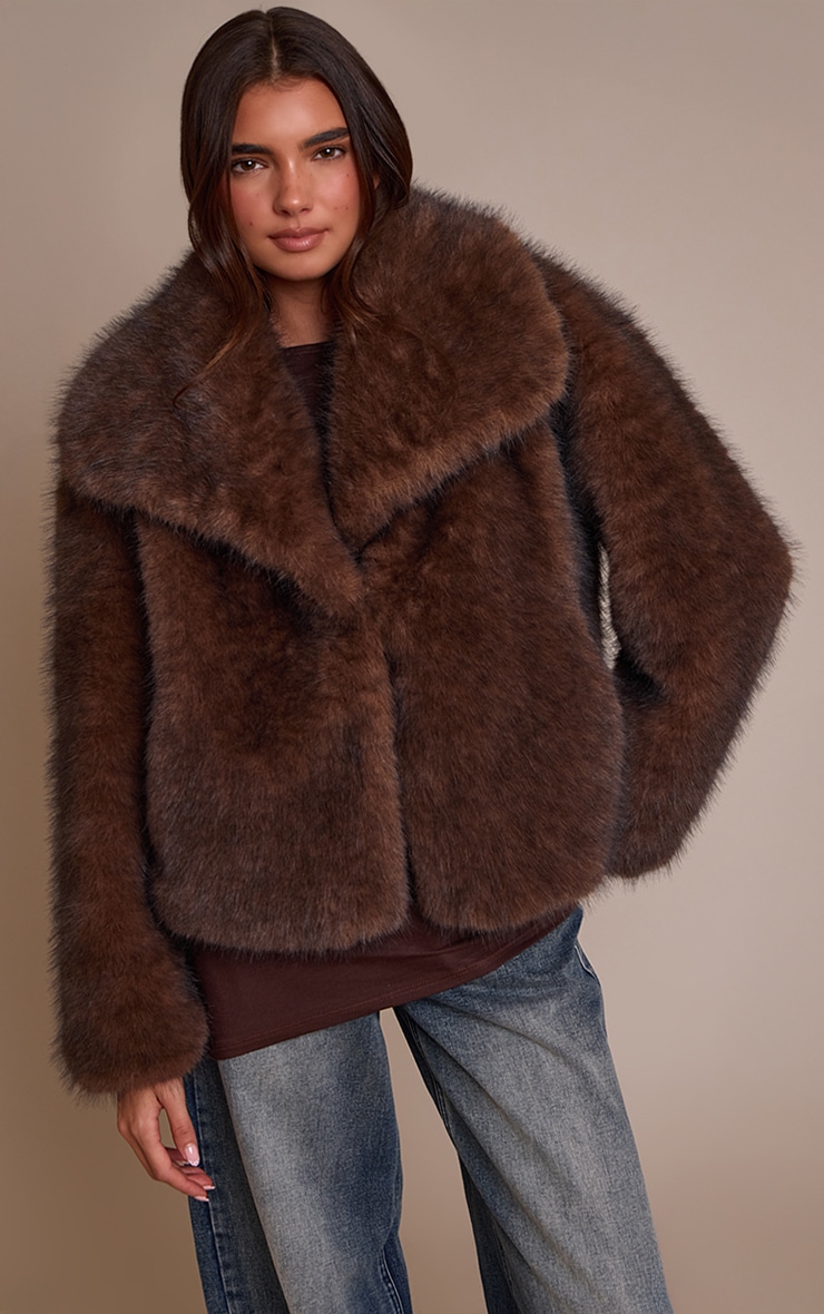 Chocolate Faux Fur Short Shawl Collar Coat