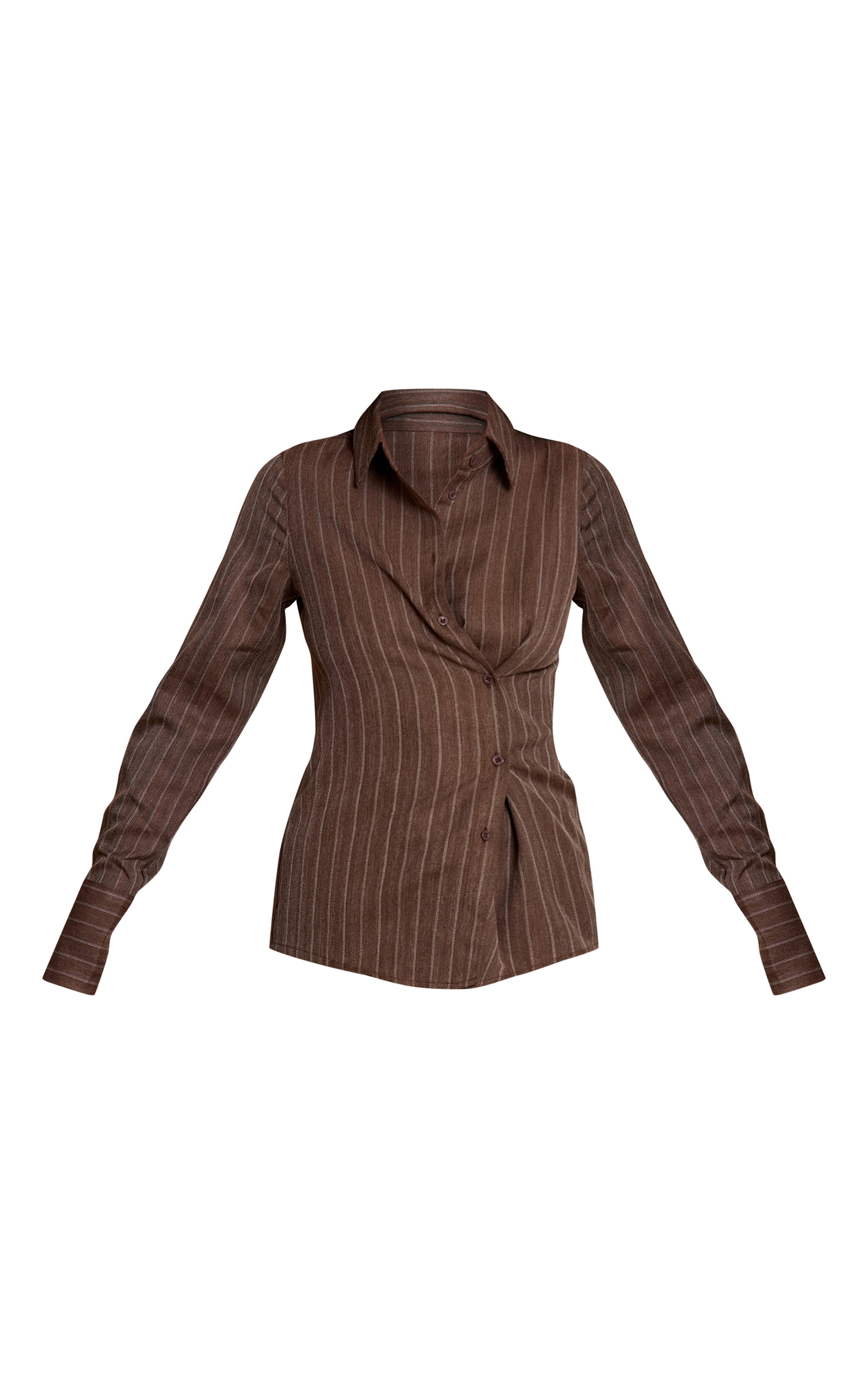 Chemise tissée marron à fines rayures et boutons asymétriques image 5