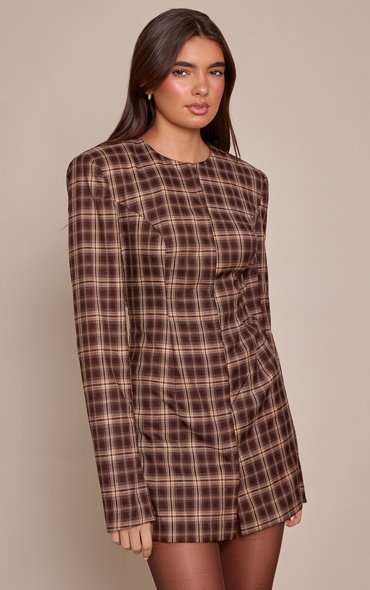 Brown Check Shoulder Pad Blazer Dress image 1