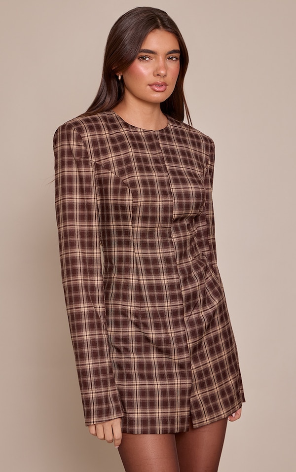 Brown Check Shoulder Pad Blazer Dress