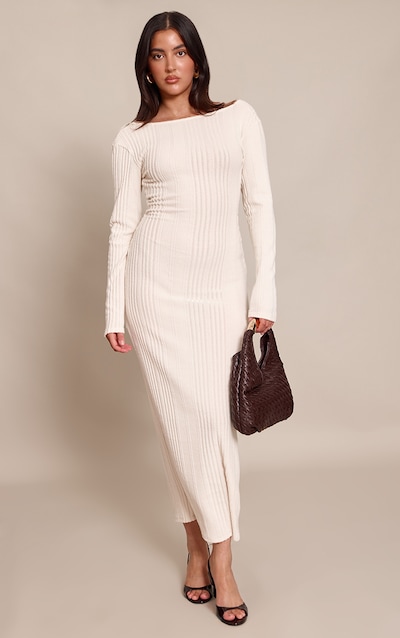 Cream Ribbed Low Back Detail Long Sleeve Maxi Dress