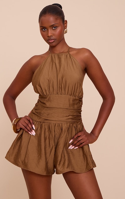 Combishort tissé chocolat à dos nu
