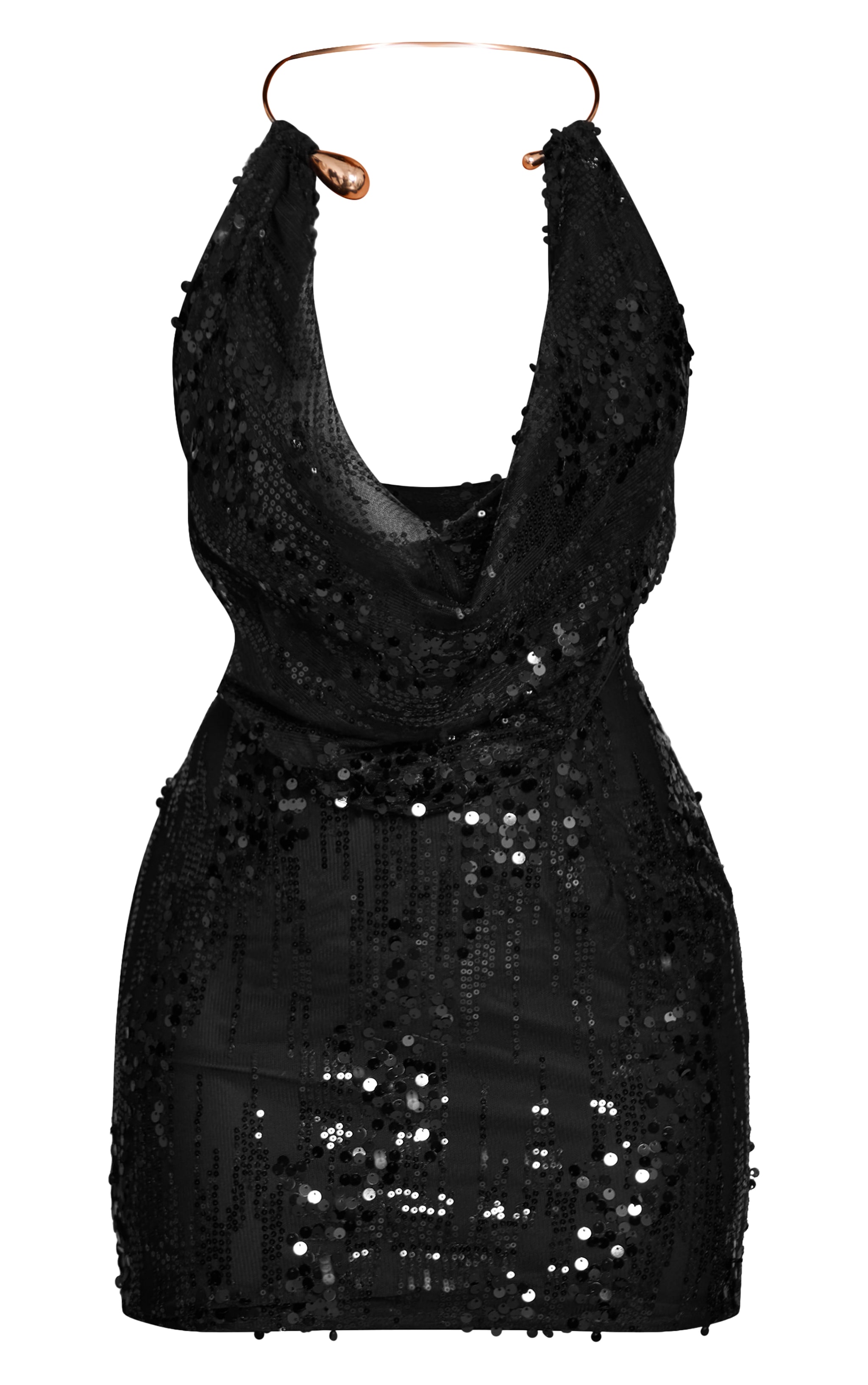 Petite Black Sequin Gold Halterneck Trim Detail Mini Dress image 5