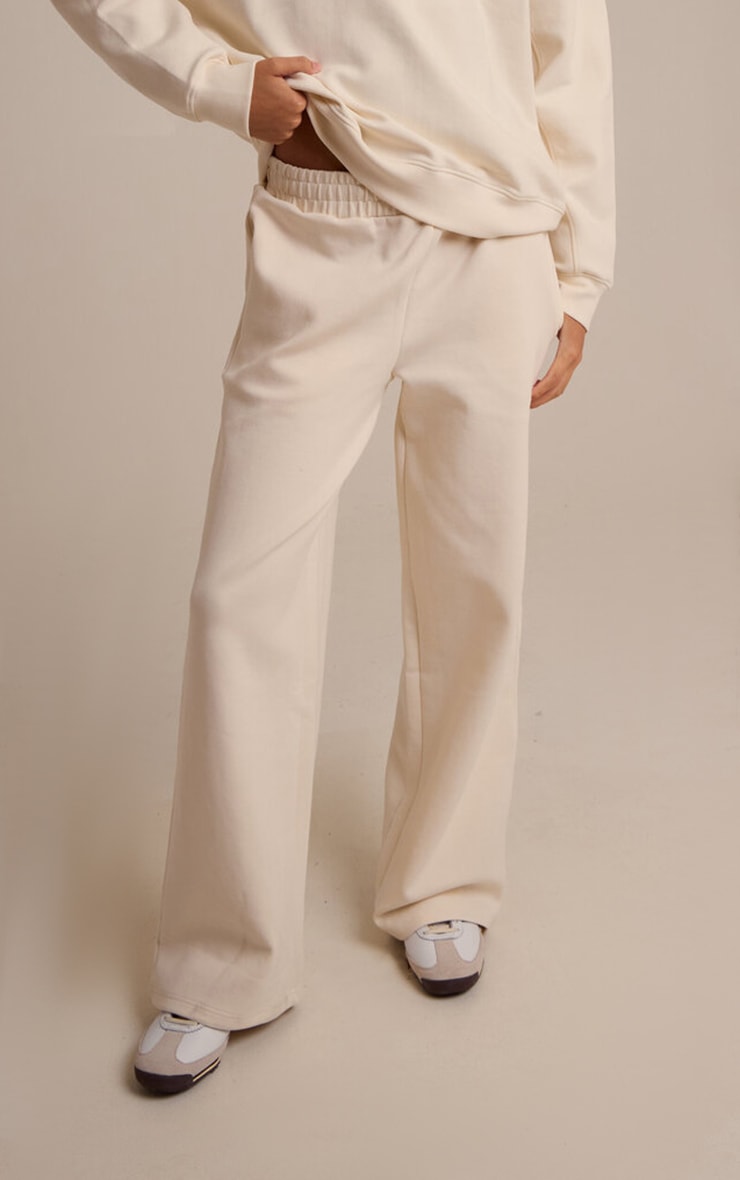 Cream 350 GSM Interlock Wide Leg Track Pants image 2