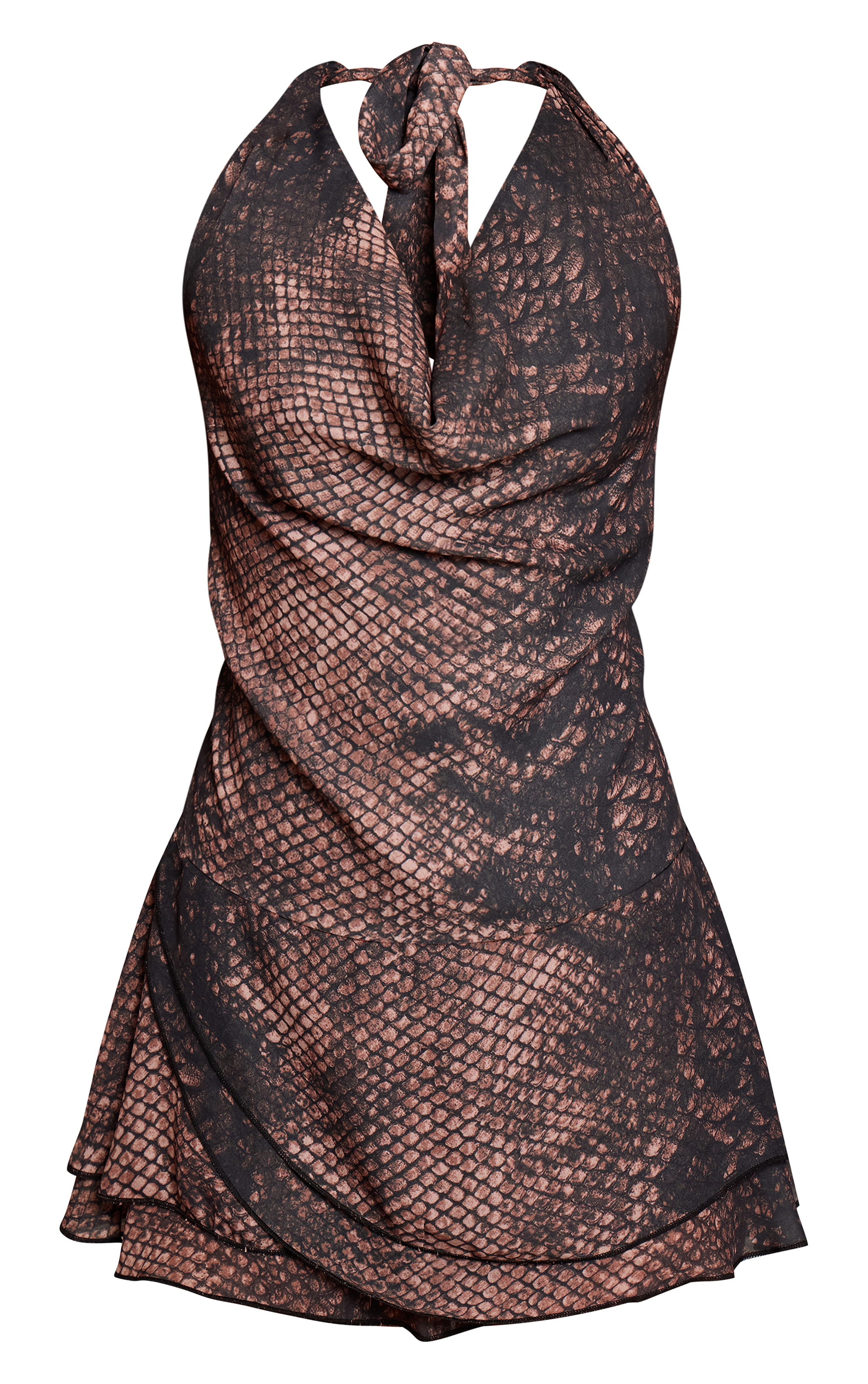 Grey Snake Print Chiffon Cowl Neck Ruched Mini Dress image 5