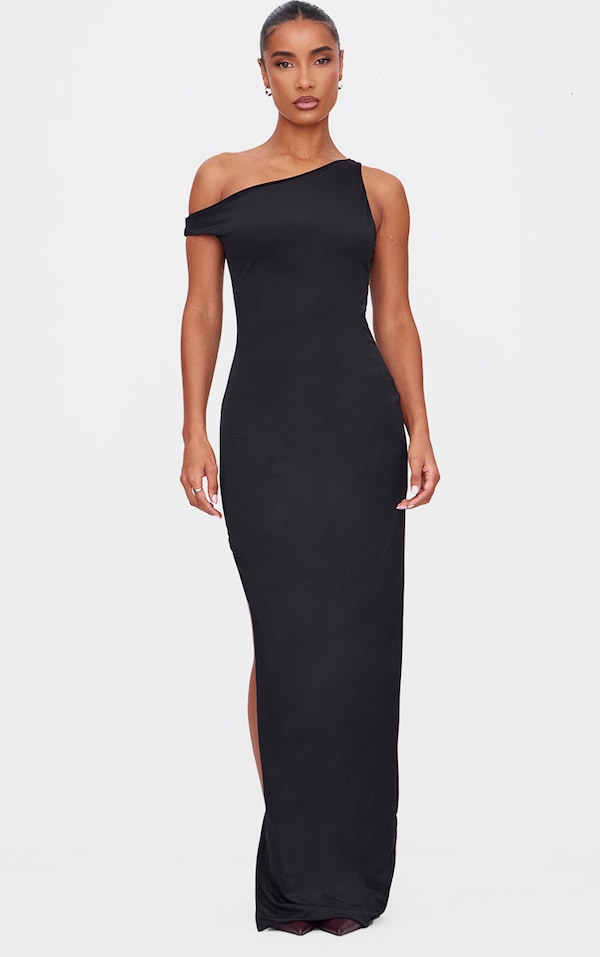 Black Matte Sculpt Asymmetric Neck Maxi Dress