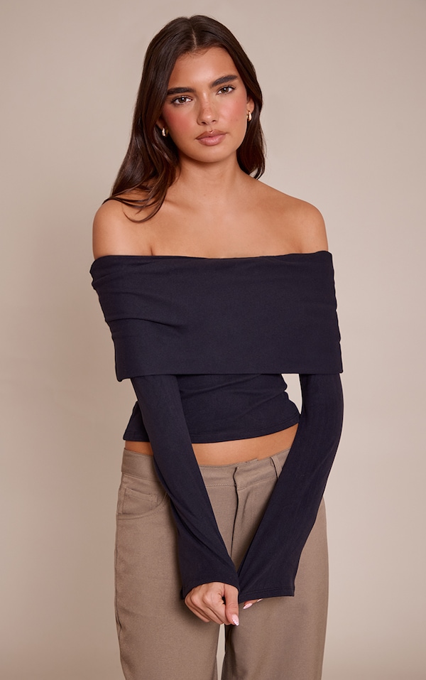 Black Ultra Soft Deep Foldover Bardot Long Sleeve Top 