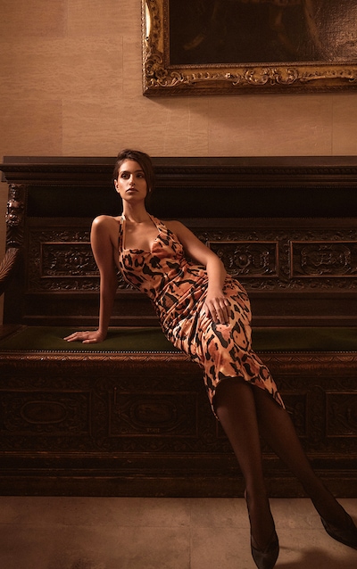 PLT Label Multi Leopard Printed Velvet Halterneck Midaxi Dress