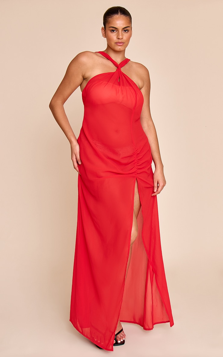 Plus Red Halter Neck Chiffon Maxi Beach Dress image 1
