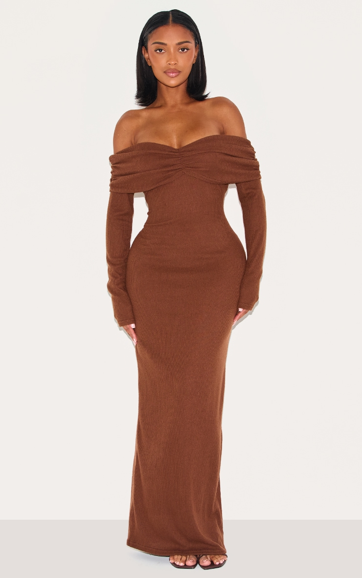 Shape Chocolate Brushed Rib Ruched Fold Over Bardot Maxi Dress image 1