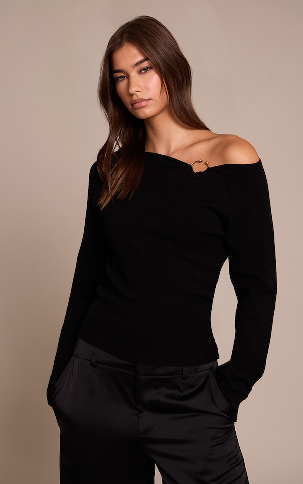 Black Cinched Waist Off The Shoulder Trim Detail Top