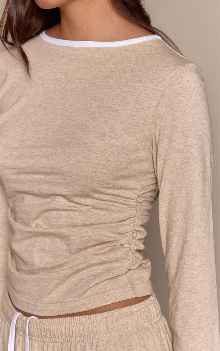 Oatmeal Marl Cotton Contrast Cuff Long Sleeve Top image 4