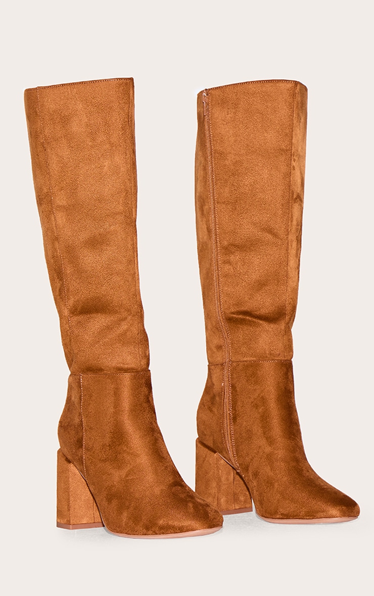 Tan Faux Suede Wide Fit Round Toe Block Heel Knee High Boots image 2
