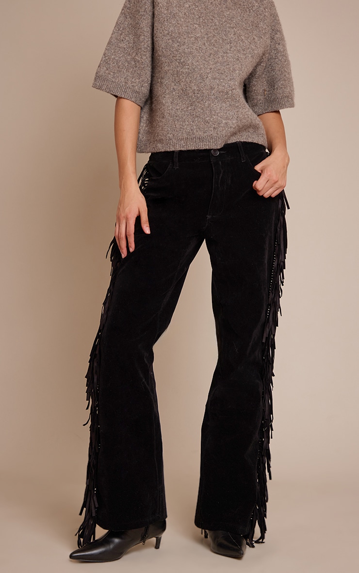 Black Faux Suede Fringe Straight Leg Pants image 2