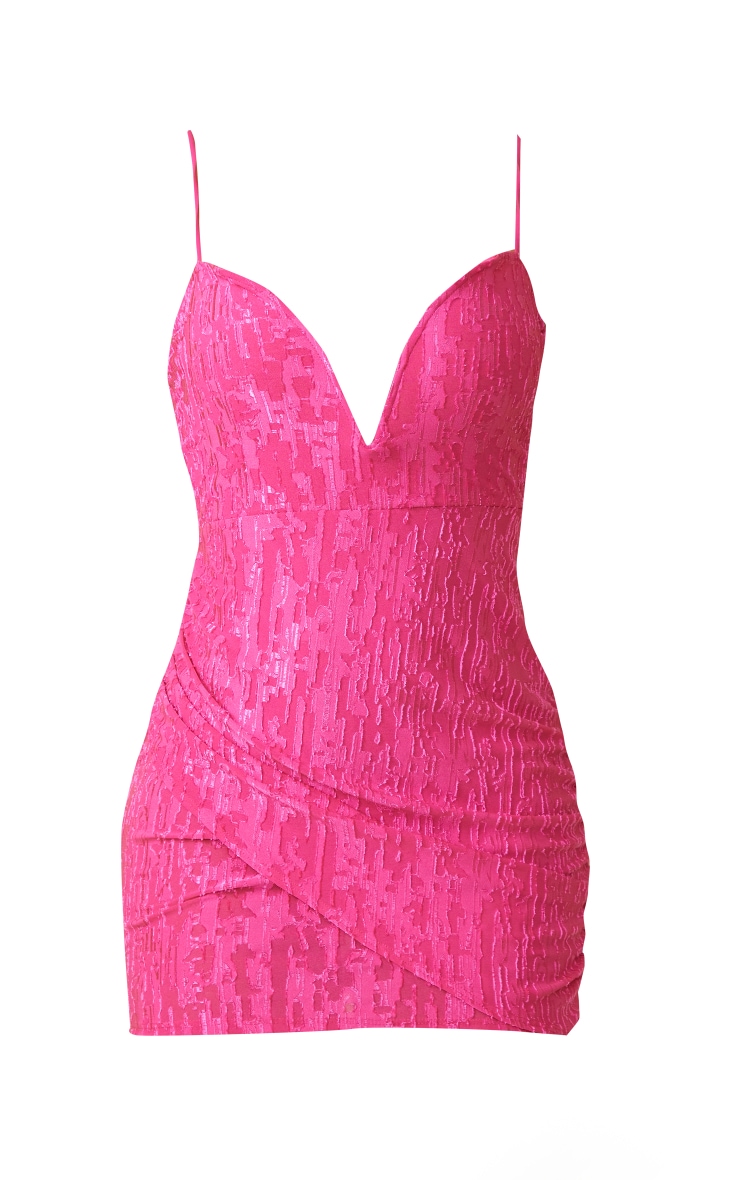 Pink Textured Extreme V Bar Drape Strappy Bodycon Dress image 5