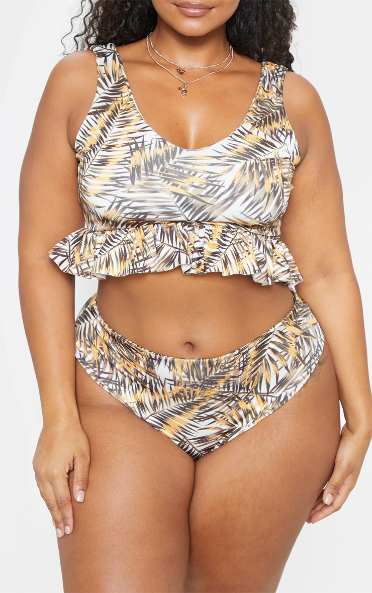 PLT Plus - Bas de bikini marron à imprimé feuilles