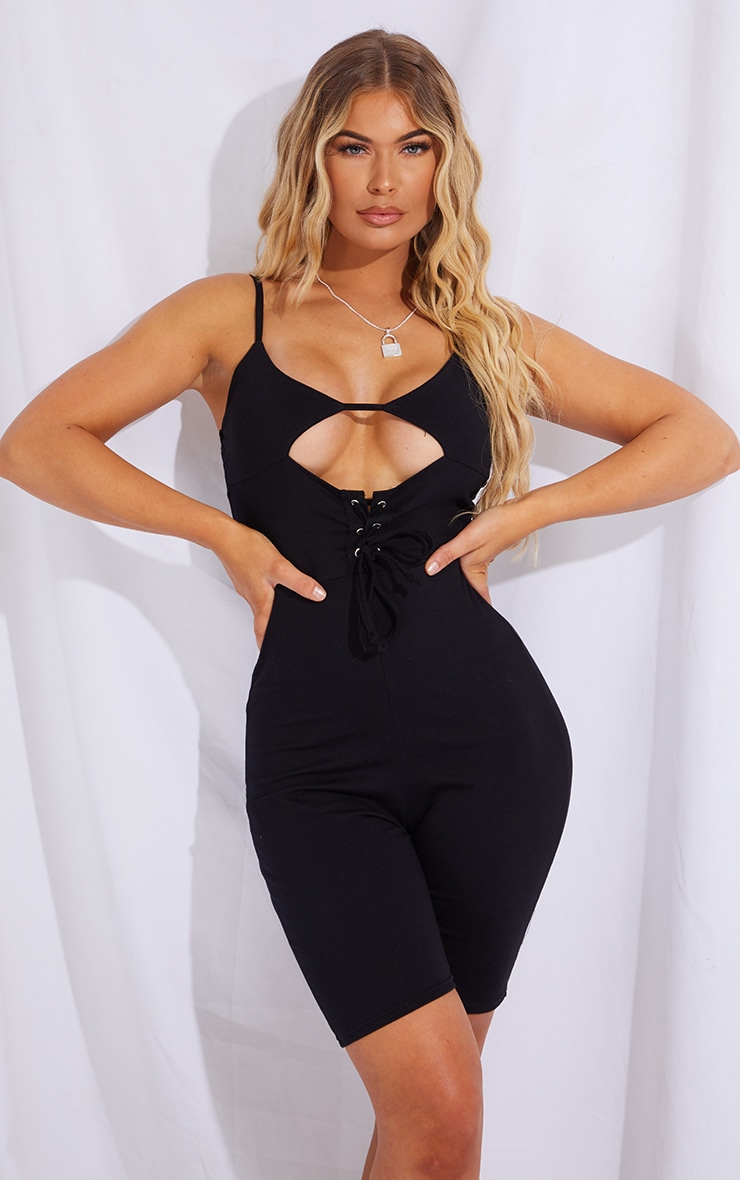 Black Lace Up Detail Plunge Unitard