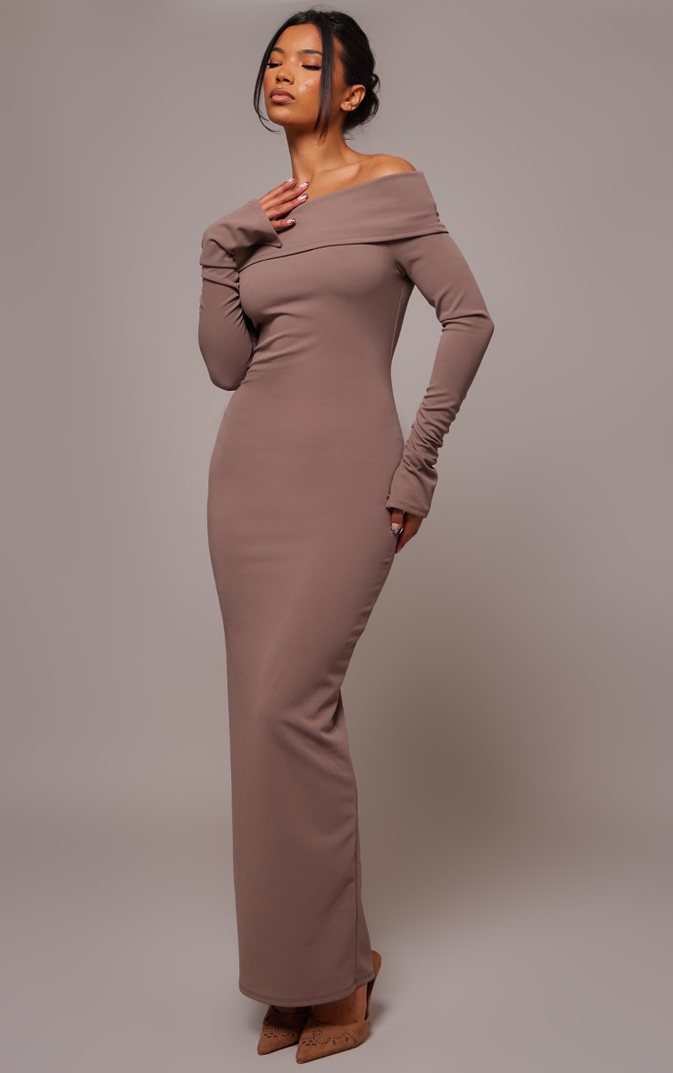 Mushroom Crepe Long Sleeve Bardot Maxi Dress image 3